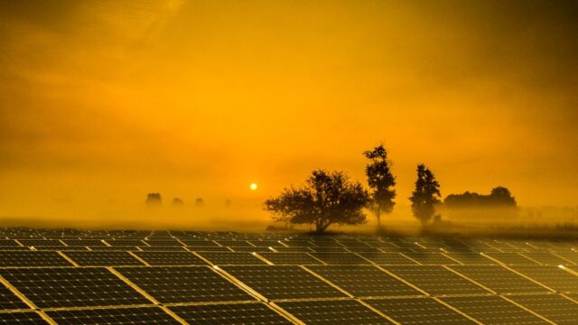 A vibrant sunrise over solar panels in a misty field, showcasing renewable energy.