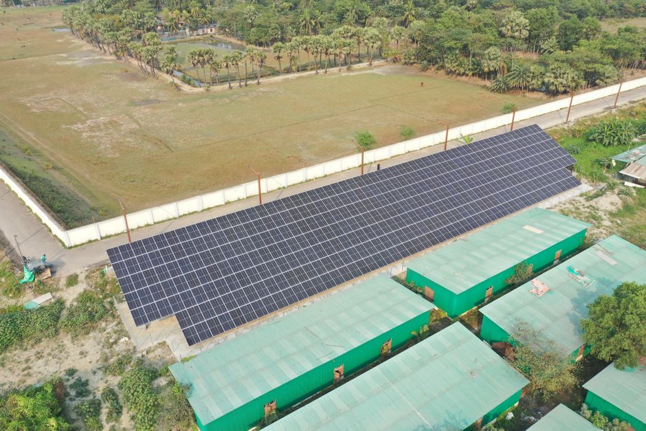 Aerial shot of a solar panel installation in Lalua, Barisal, showcasing renewable energy solutions.