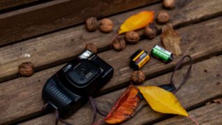 An artistic flat lay of a vintage camera with autumn leaves and batteries.