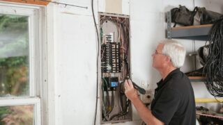 An electrician carefully examines a residential fuse box indoors, ensuring electrical safety and compliance.