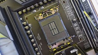 Detailed view of a computer motherboard socket showcasing advanced electronic components and technology.