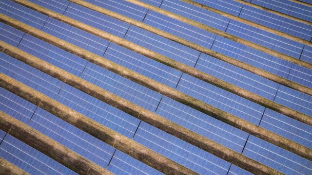 Aerial view of expansive solar panels in Rocky Mount, NC, showcasing renewable energy technology.
