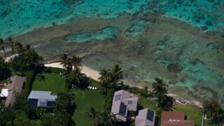 Stunning aerial shot of homes with solar panels by the turquoise coast and palm trees.