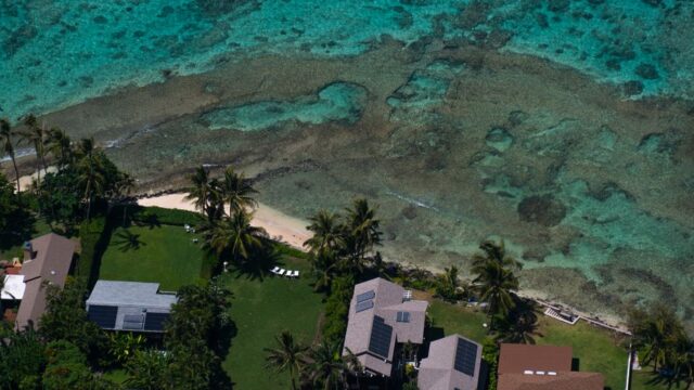 Stunning aerial shot of homes with solar panels by the turquoise coast and palm trees.