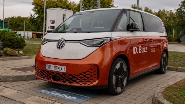Volkswagen ID. Buzz electric van parked at charging station in Osijek, Croatia.