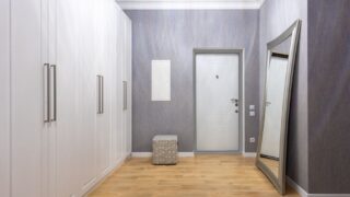 Modern hall interior with entrance door between closet and rectangular shaped mirror on wooden floor at home