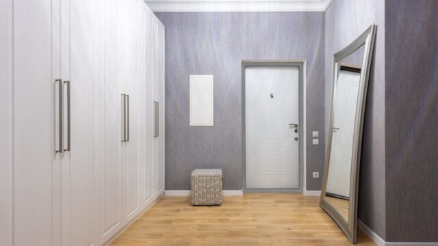 Modern hall interior with entrance door between closet and rectangular shaped mirror on wooden floor at home