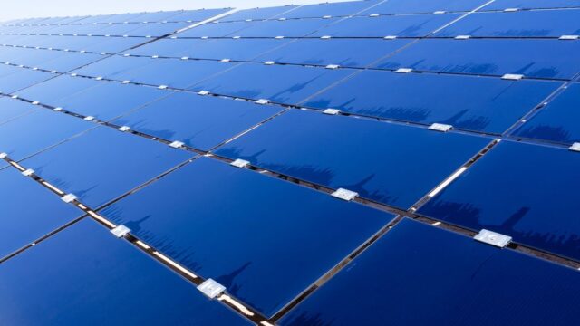 Wide view of solar panels under clear sky, showcasing renewable energy technology.